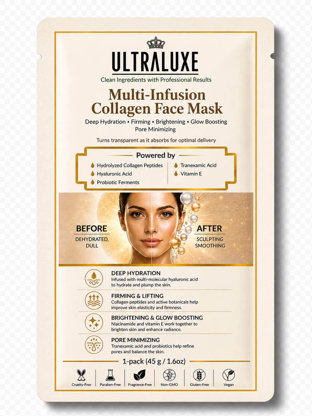 NEW! Ultraluxe Multi-Infusion Collagen Sheet Face Sheet Mask (Promotion for Multi-Pack version only starts 5/4 and ends 5/24)